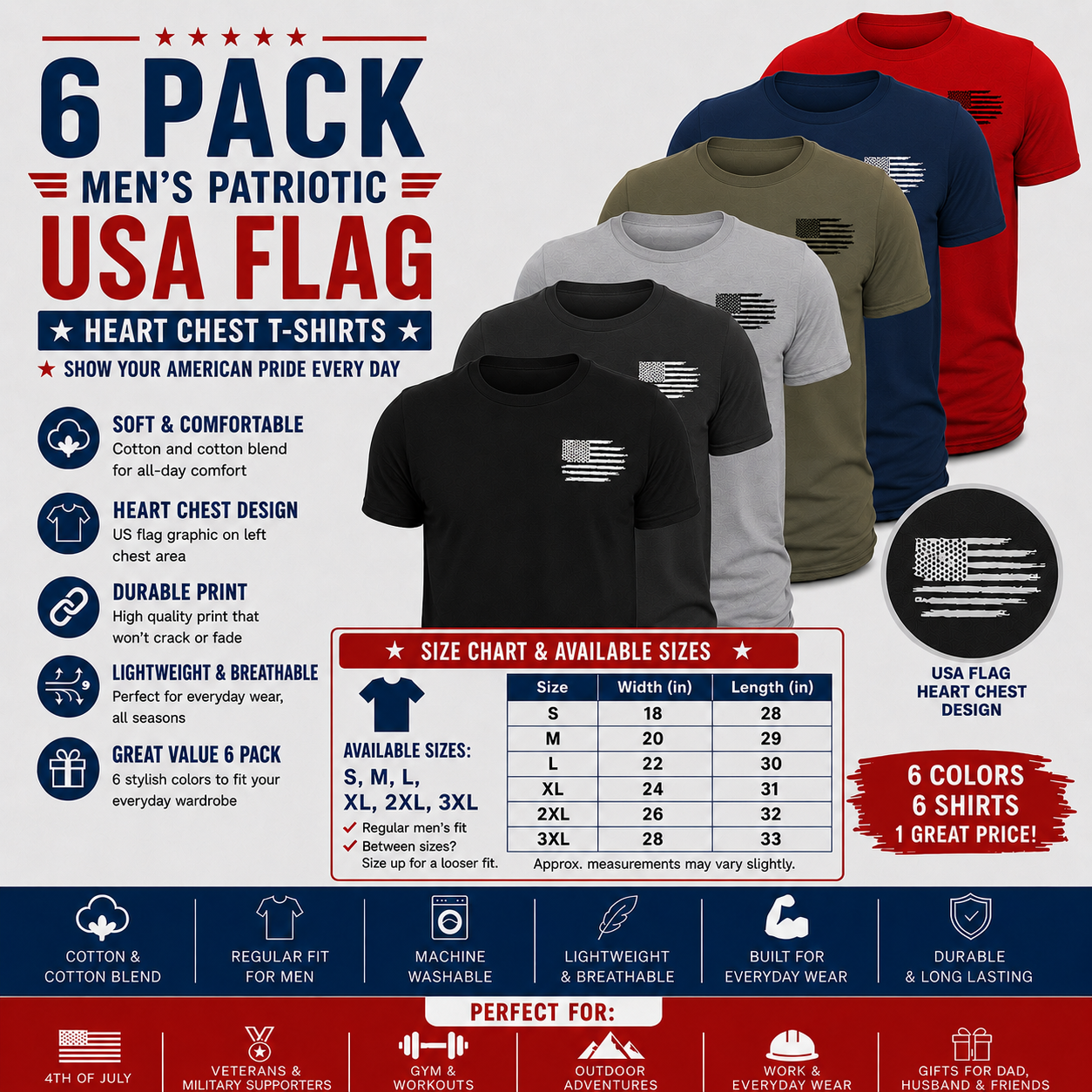 Men’s USA Flag Heart Side Chest T-Shirt 6 Pack – Cotton & Cotton Blend Patriotic Tees