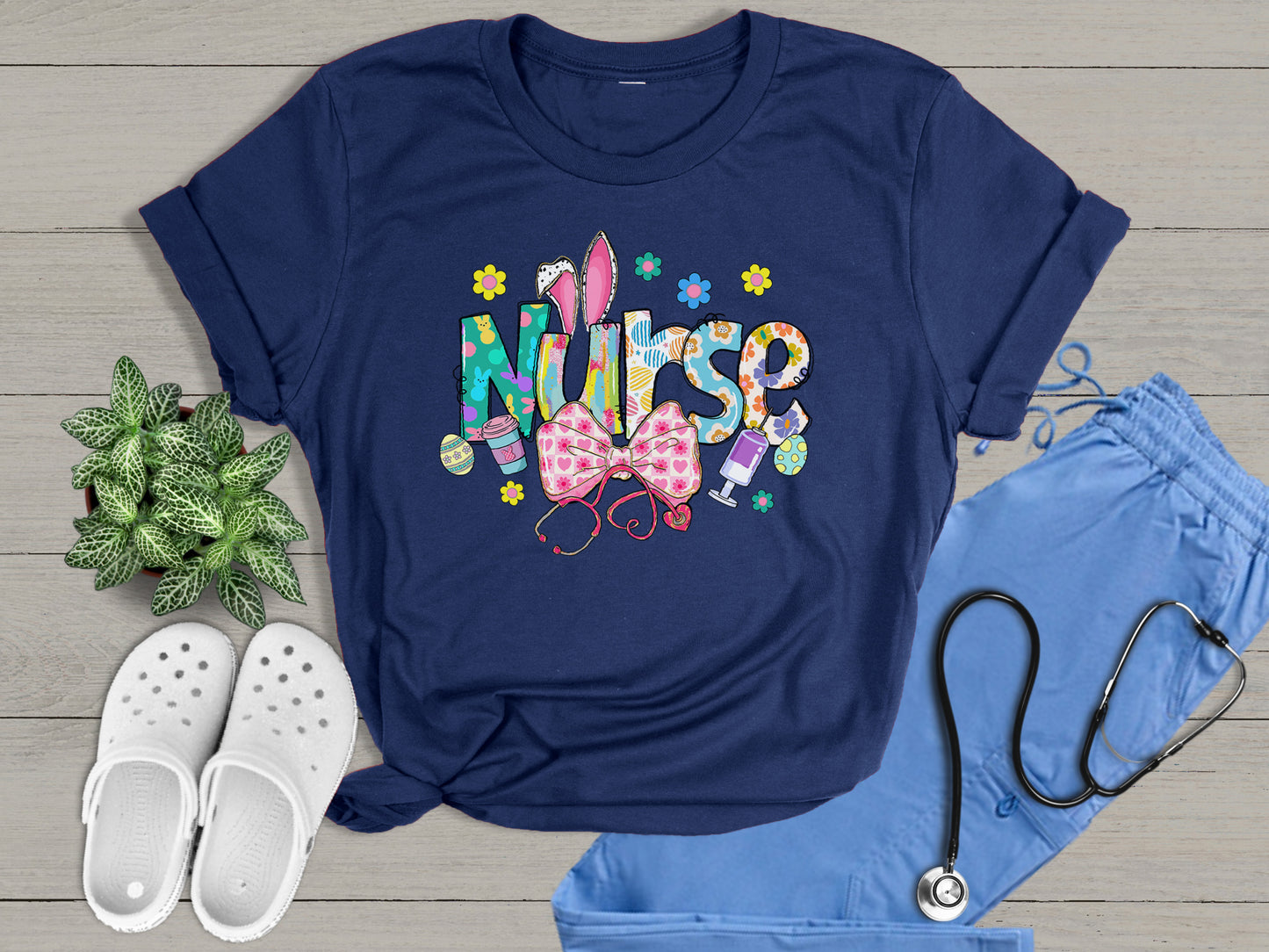 Nurse Bunny Ears & Bow Cute Colorful Graphic Unisex T-Shirt | Trendy Easter Apparel for Medical Professionals