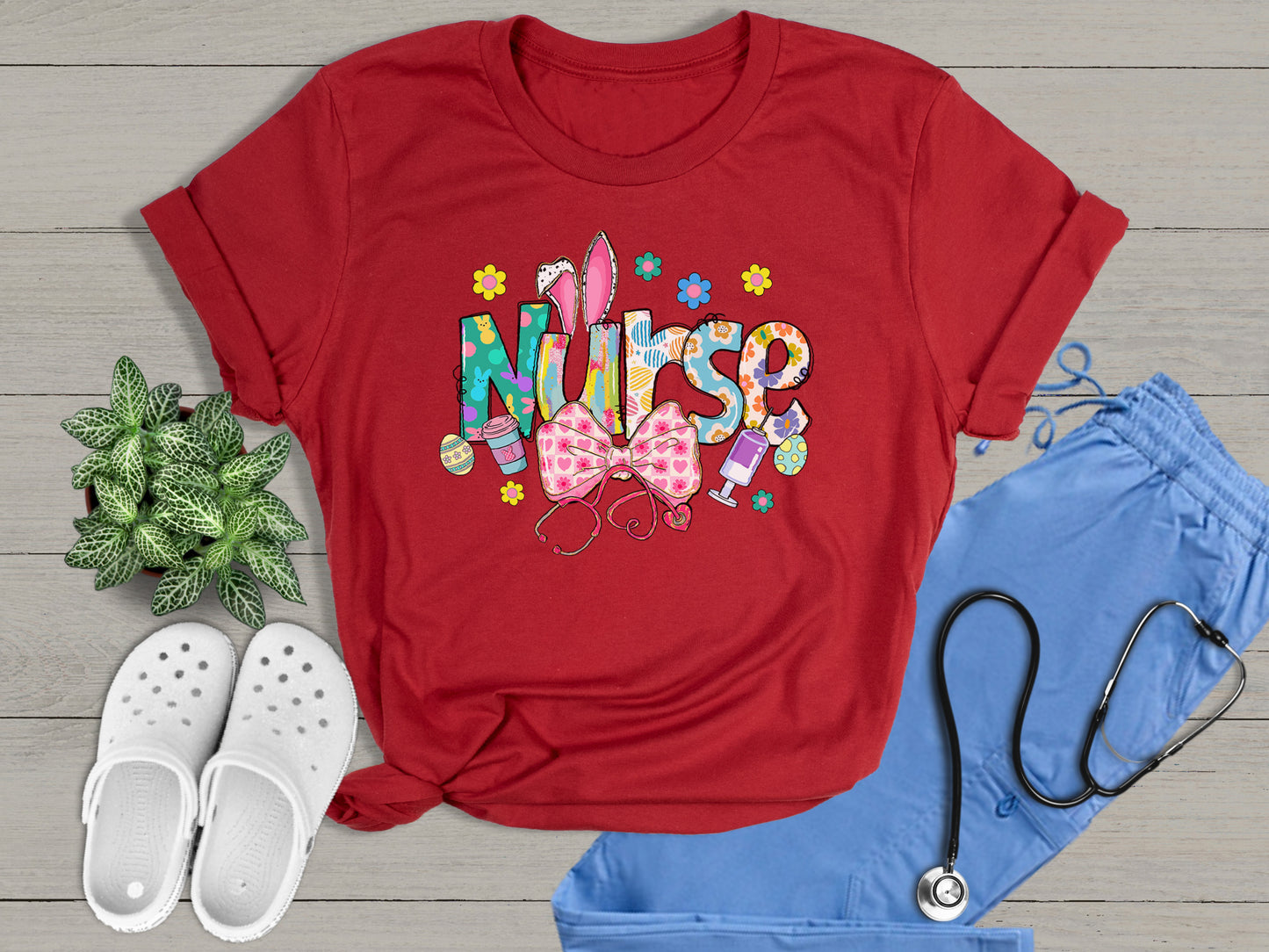 Nurse Bunny Ears & Bow Cute Colorful Graphic Unisex T-Shirt | Trendy Easter Apparel for Medical Professionals