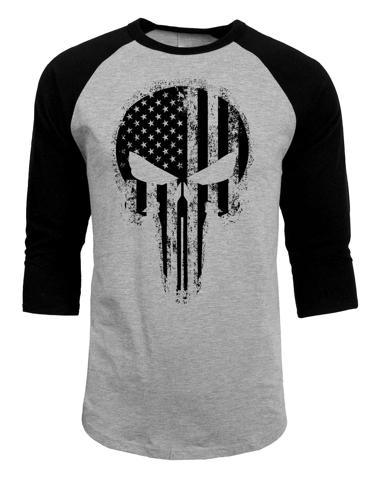 USA Flag Skull Distressed Blacked Out 3/4 Sleeve Raglan T-Shirt