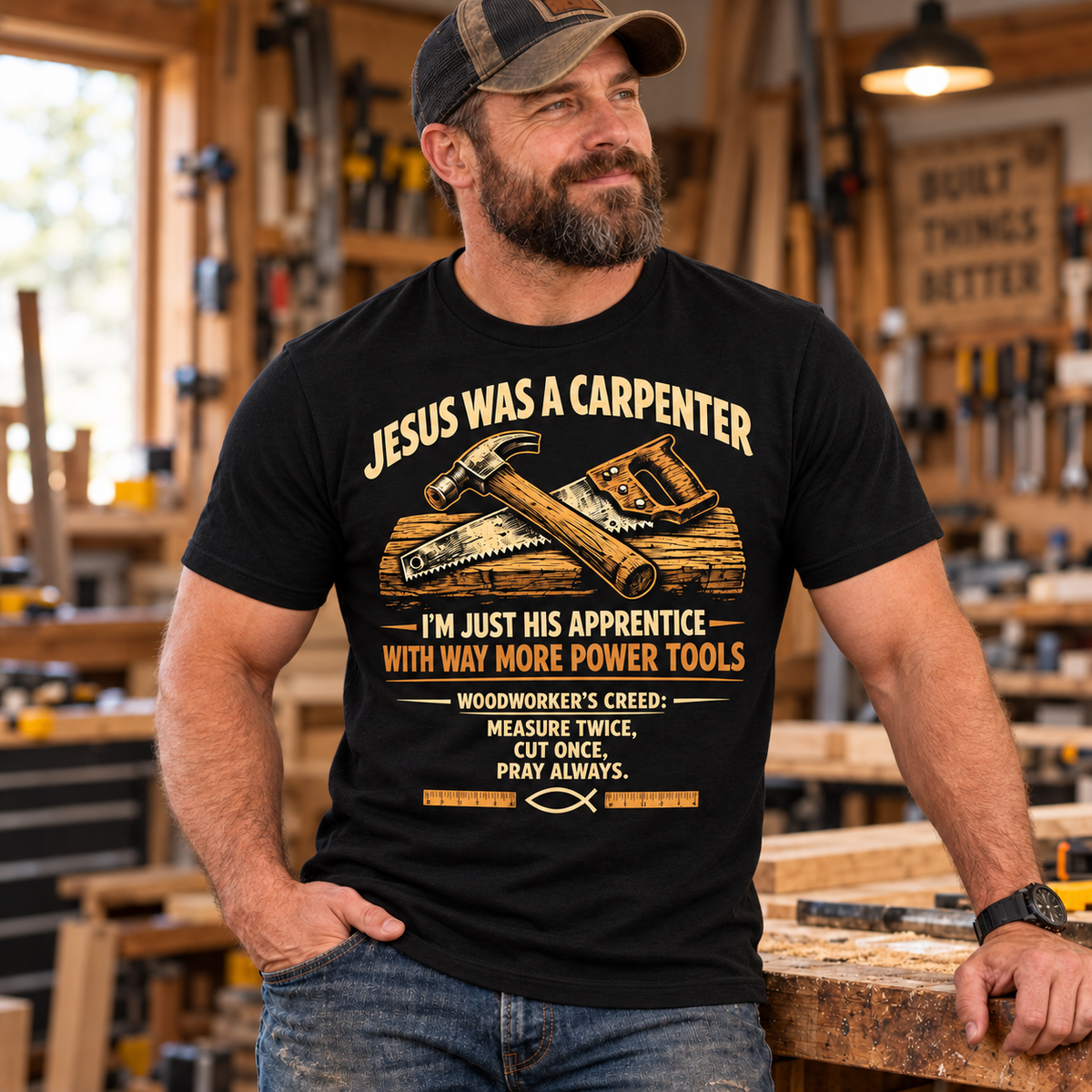 Jesus Was a Carpenter T-Shirt for Men, Christian Faith Woodworker Shirt, Funny Carpenter Handyman Gift Tee