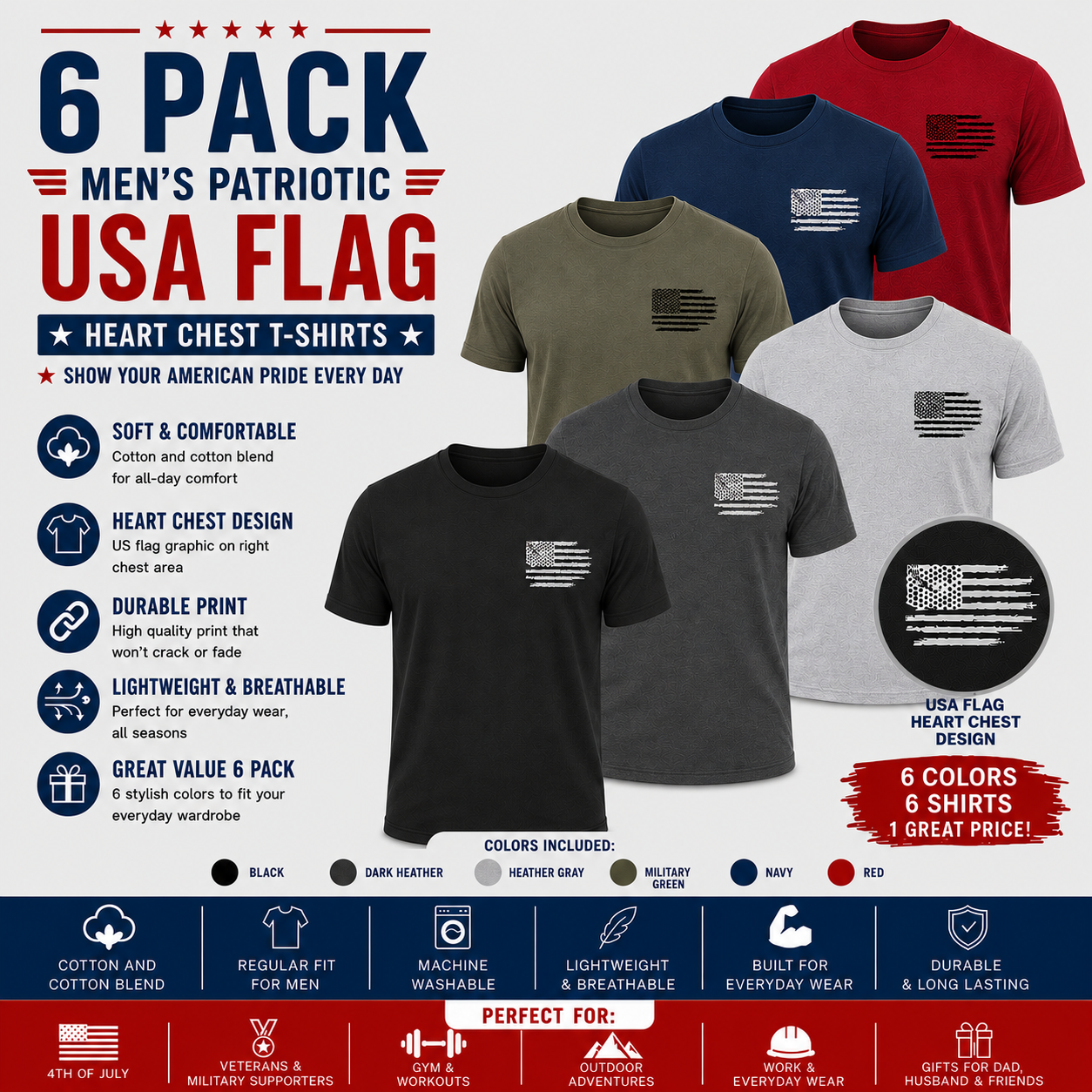 Men’s USA Flag Heart Side Chest T-Shirt 6 Pack – Cotton & Cotton Blend Patriotic Tees