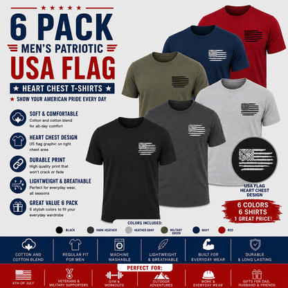 Men’s USA Flag Heart Side Chest T-Shirt 6 Pack – Cotton & Cotton Blend Patriotic Tees