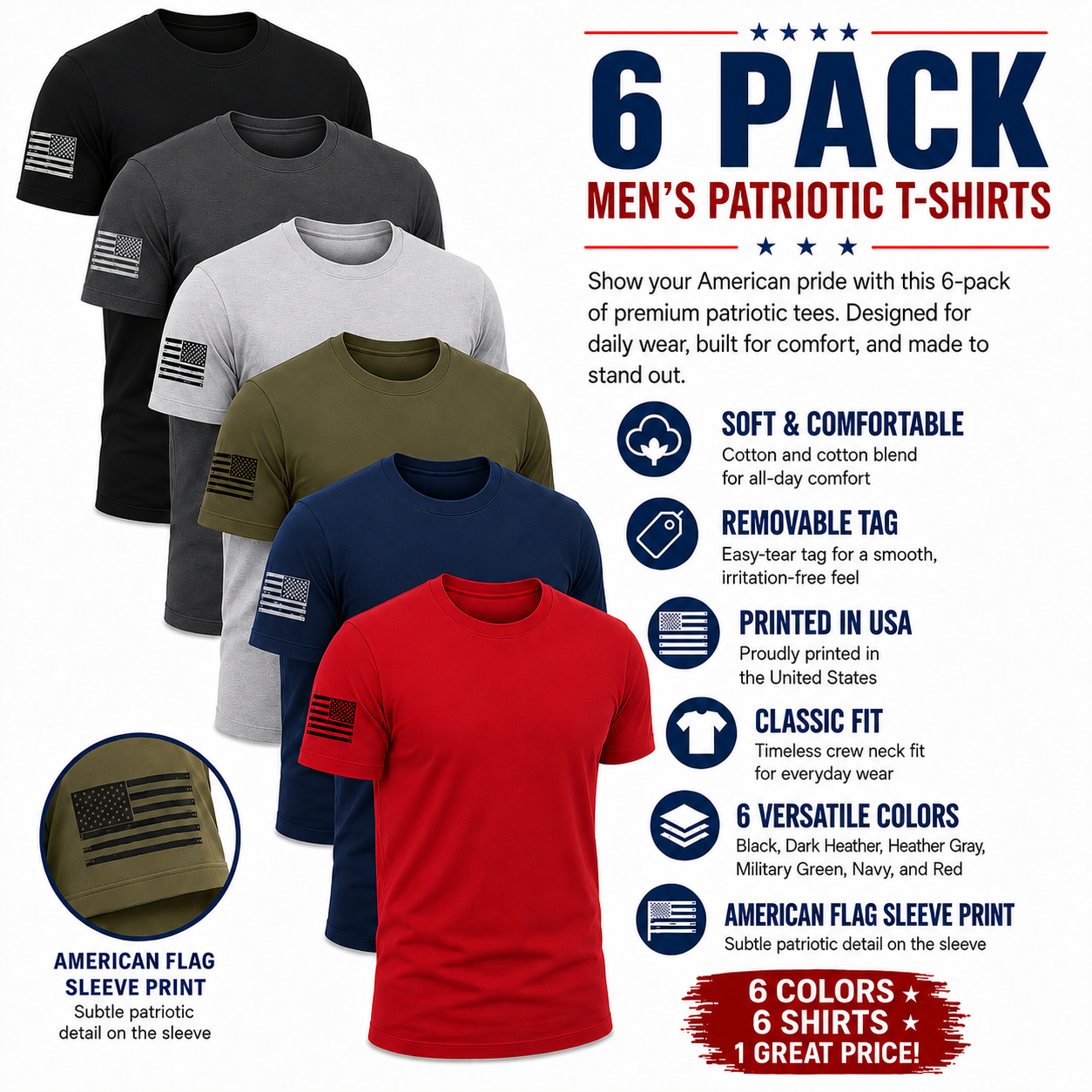 Men’s USA Flag Sleeve T-Shirt 6 Pack – Cotton & Cotton Blend Patriotic Tees