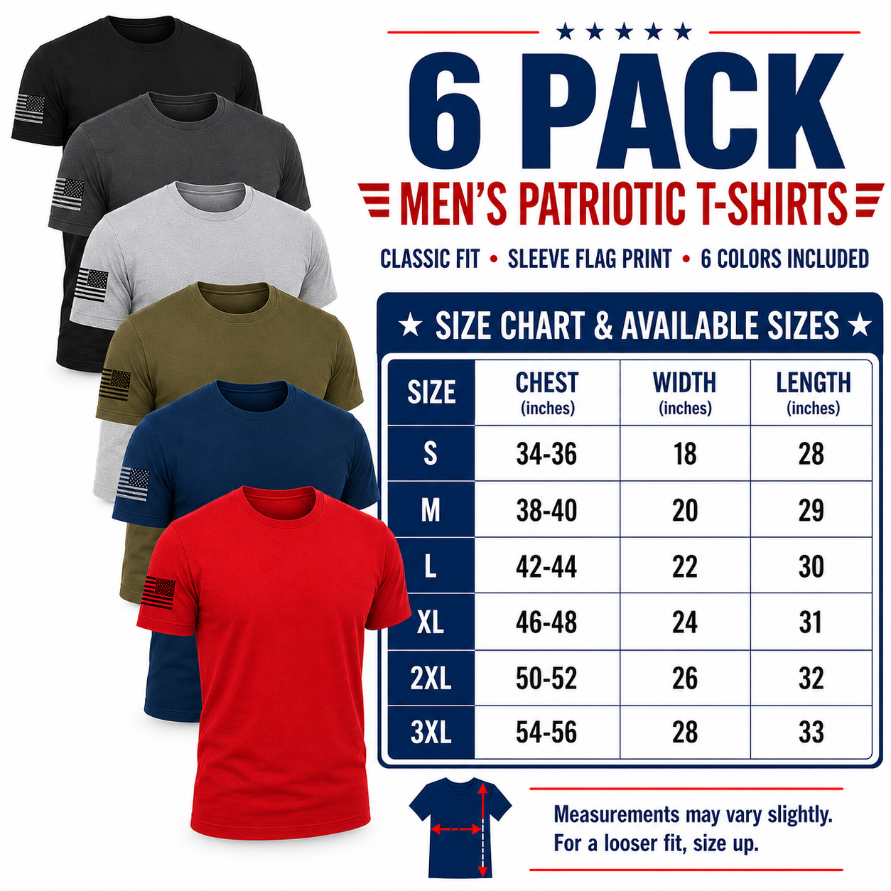 Men’s USA Flag Sleeve T-Shirt 6 Pack – Cotton & Cotton Blend Patriotic Tees
