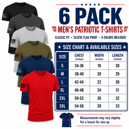 Men’s USA Flag Sleeve T-Shirt 6 Pack – Cotton & Cotton Blend Patriotic Tees