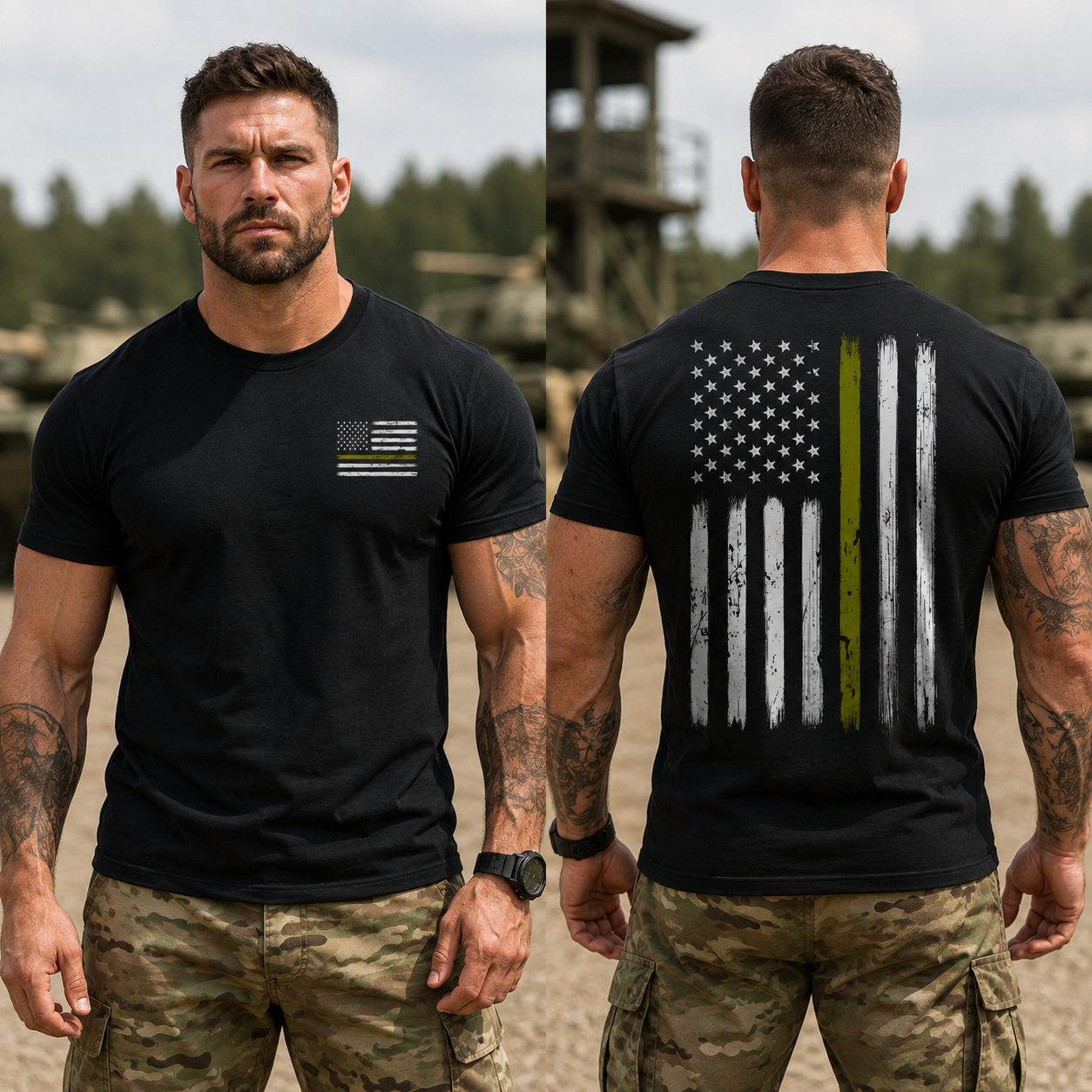 Thin Green Line American Flag T-Shirt, Military Veteran Shirt, Patriotic Army Support Tee, Front & Back Print