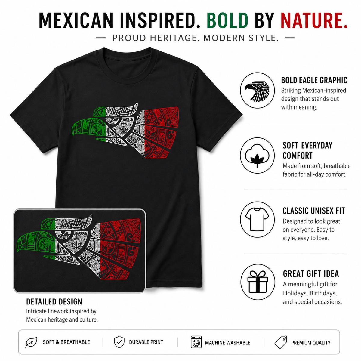 Hecho en Mexico Eagle T-Shirt, Mexican Heritage Graphic Tee, Mexico Pride Shirt for Men & Women