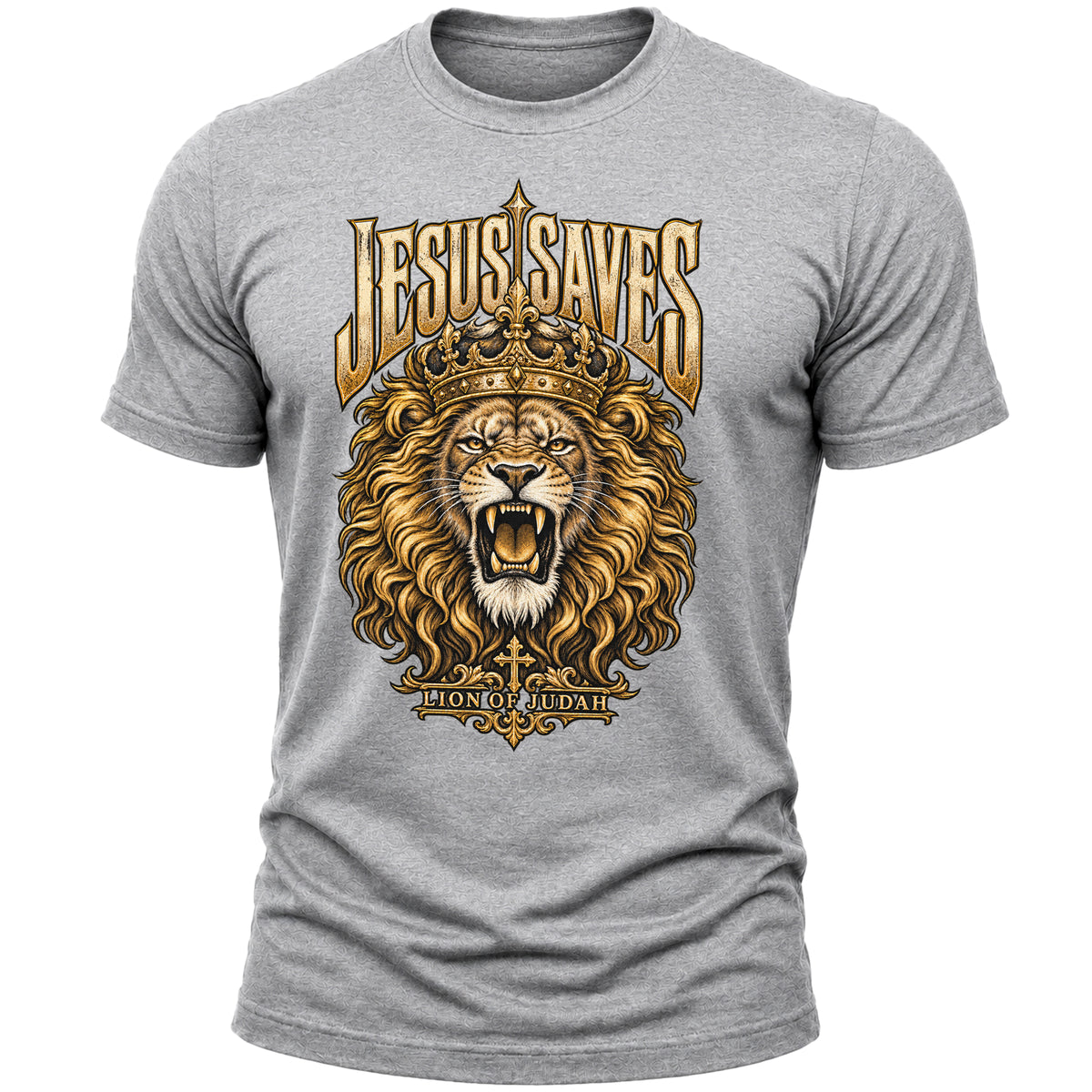Jesus Saves Lion of Judah T-Shirt for Men, Christian Faith Graphic Tee, Crowned Lion Religious Shirt, Bible Inspired Apparel