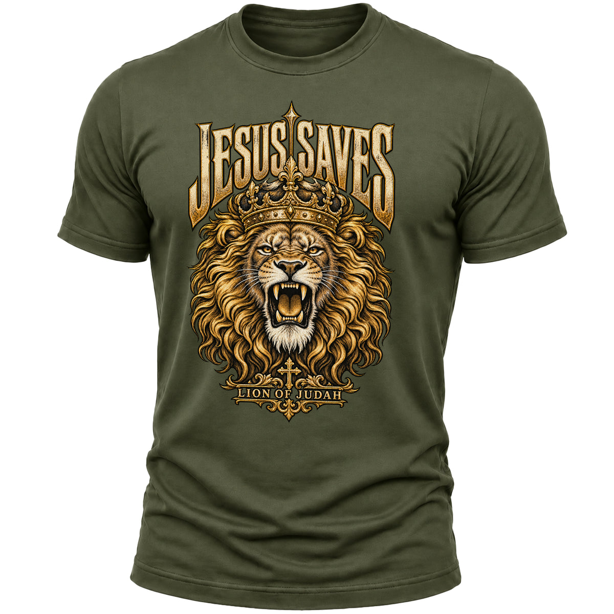 Jesus Saves Lion of Judah T-Shirt for Men, Christian Faith Graphic Tee, Crowned Lion Religious Shirt, Bible Inspired Apparel