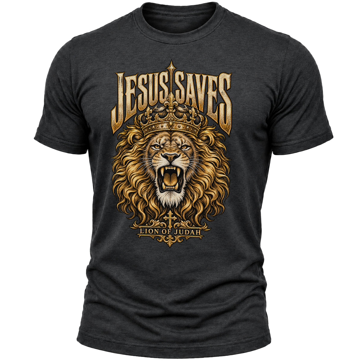 Jesus Saves Lion of Judah T-Shirt for Men, Christian Faith Graphic Tee, Crowned Lion Religious Shirt, Bible Inspired Apparel