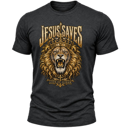 Jesus Saves Lion of Judah T-Shirt for Men, Christian Faith Graphic Tee, Crowned Lion Religious Shirt, Bible Inspired Apparel
