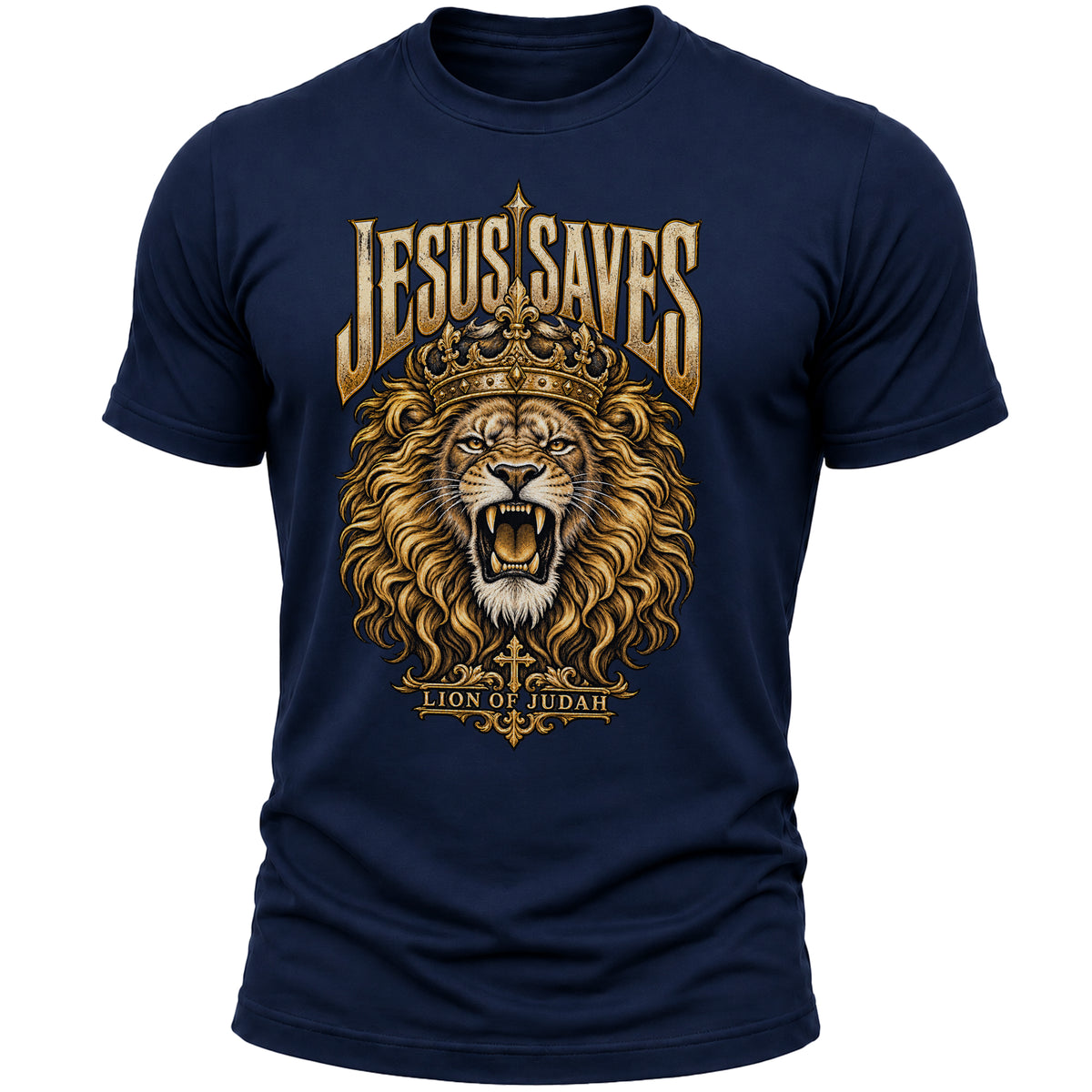 Jesus Saves Lion of Judah T-Shirt for Men, Christian Faith Graphic Tee, Crowned Lion Religious Shirt, Bible Inspired Apparel
