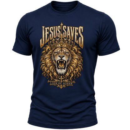 Jesus Saves Lion of Judah T-Shirt for Men, Christian Faith Graphic Tee, Crowned Lion Religious Shirt, Bible Inspired Apparel