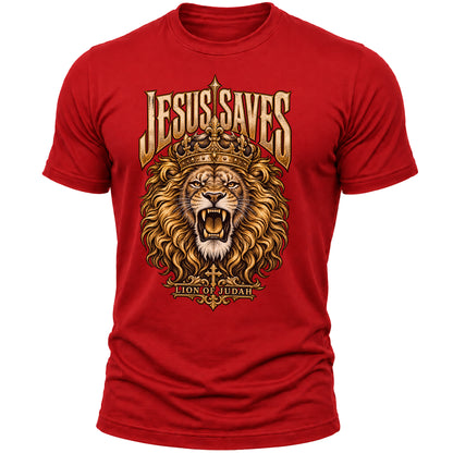 Jesus Saves Lion of Judah T-Shirt for Men, Christian Faith Graphic Tee, Crowned Lion Religious Shirt, Bible Inspired Apparel