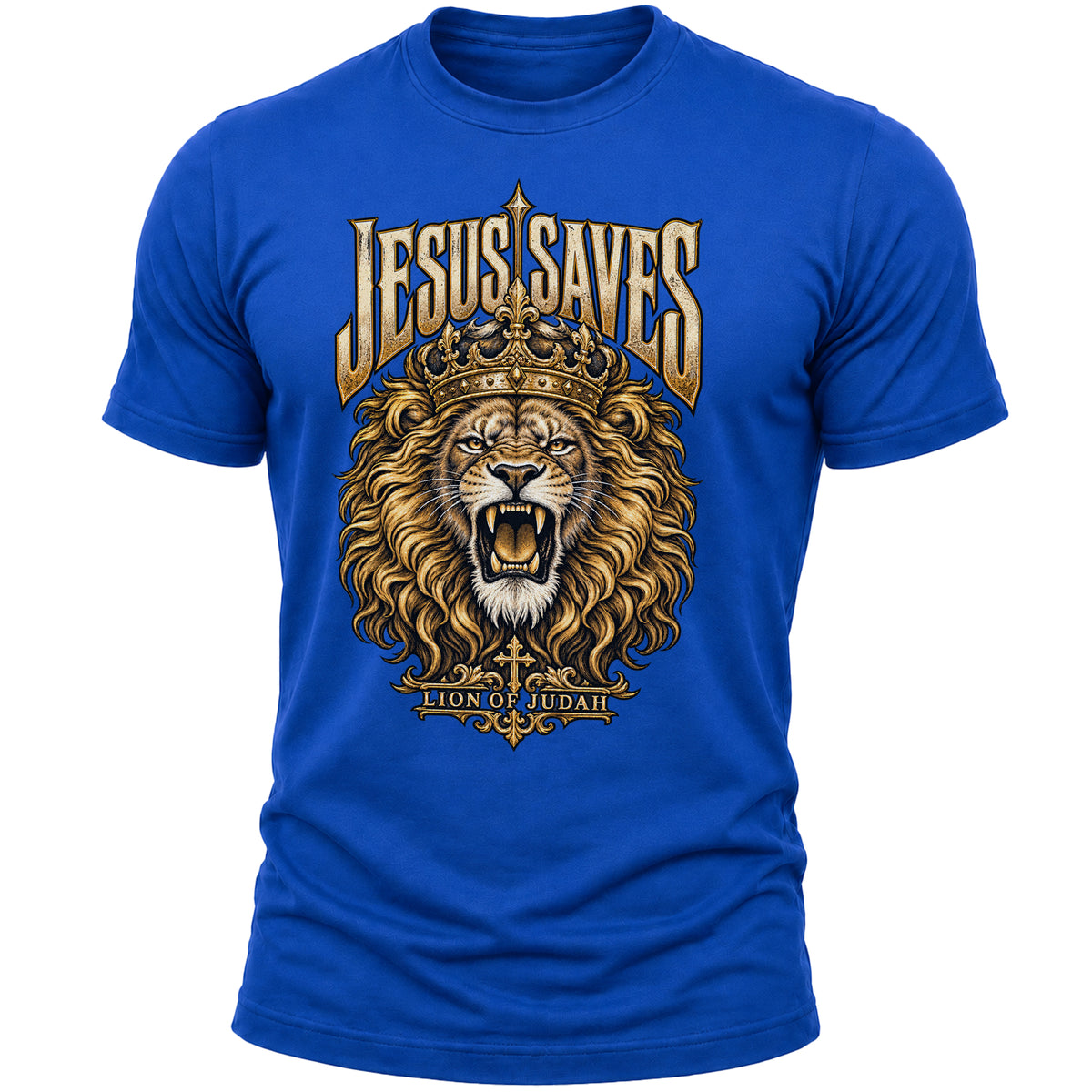 Jesus Saves Lion of Judah T-Shirt for Men, Christian Faith Graphic Tee, Crowned Lion Religious Shirt, Bible Inspired Apparel