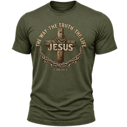 Jesus The Way The Truth The Life T-Shirt – John 14:6 Christian Faith Graphic Tee for Men and Women, Vintage Cross Crown of Thorns Religious Shirt