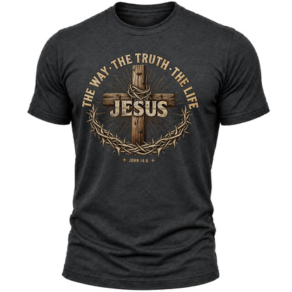 Jesus The Way The Truth The Life T-Shirt – John 14:6 Christian Faith Graphic Tee for Men and Women, Vintage Cross Crown of Thorns Religious Shirt