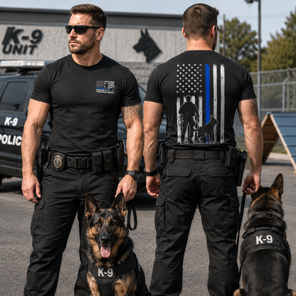 K-9 Police Thin Blue Line Flag Men's T-Shirt, Front & Back Graphic