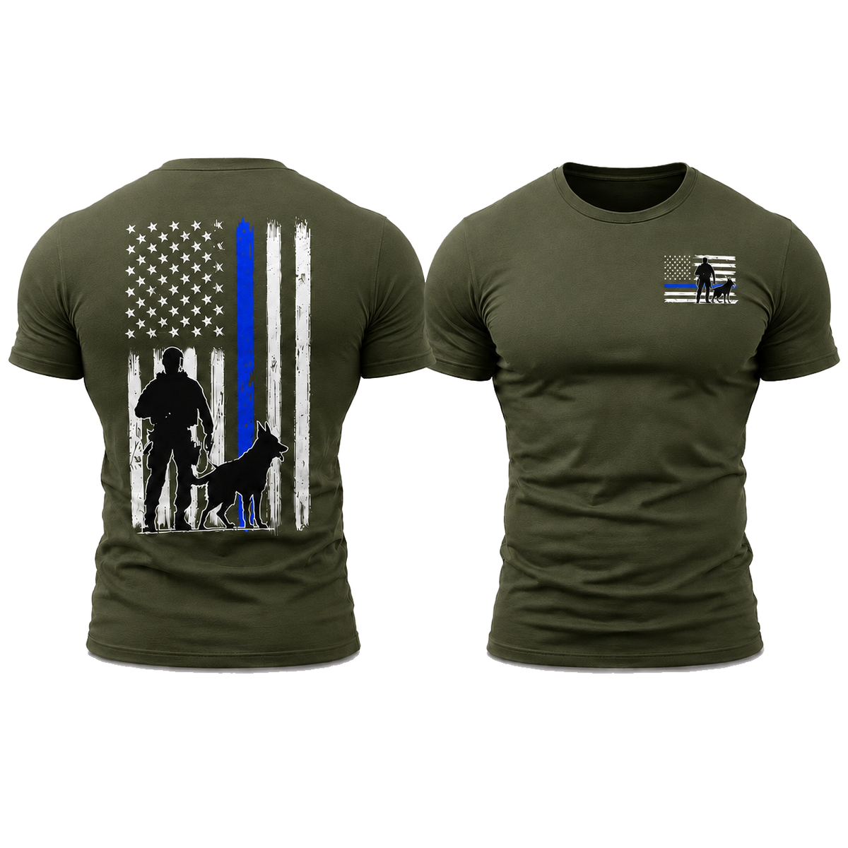 K-9 Police Thin Blue Line Flag Men's T-Shirt, Front & Back Graphic