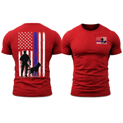 K-9 Police Thin Blue Line Flag Men's T-Shirt, Front & Back Graphic