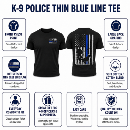 K-9 Police Thin Blue Line Flag Men's T-Shirt, Front & Back Graphic