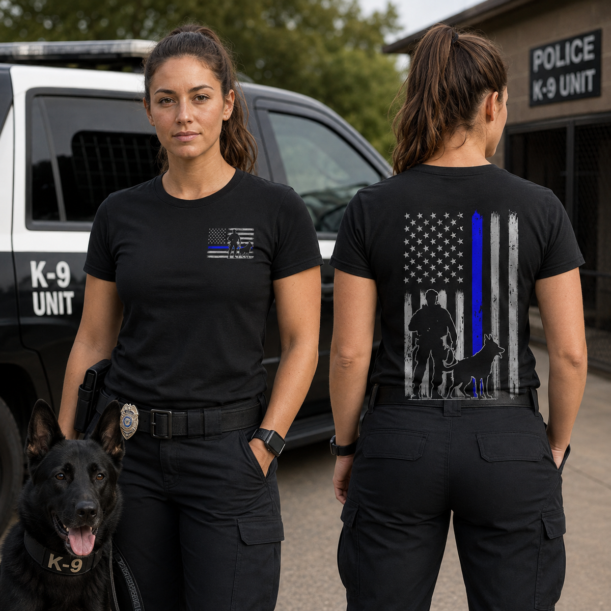 K-9 Police Thin Blue Line Flag Men's T-Shirt, Front & Back Graphic