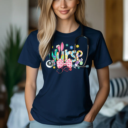 Nurse Bunny Ears & Bow Cute Colorful Graphic Unisex T-Shirt | Trendy Easter Apparel for Medical Professionals