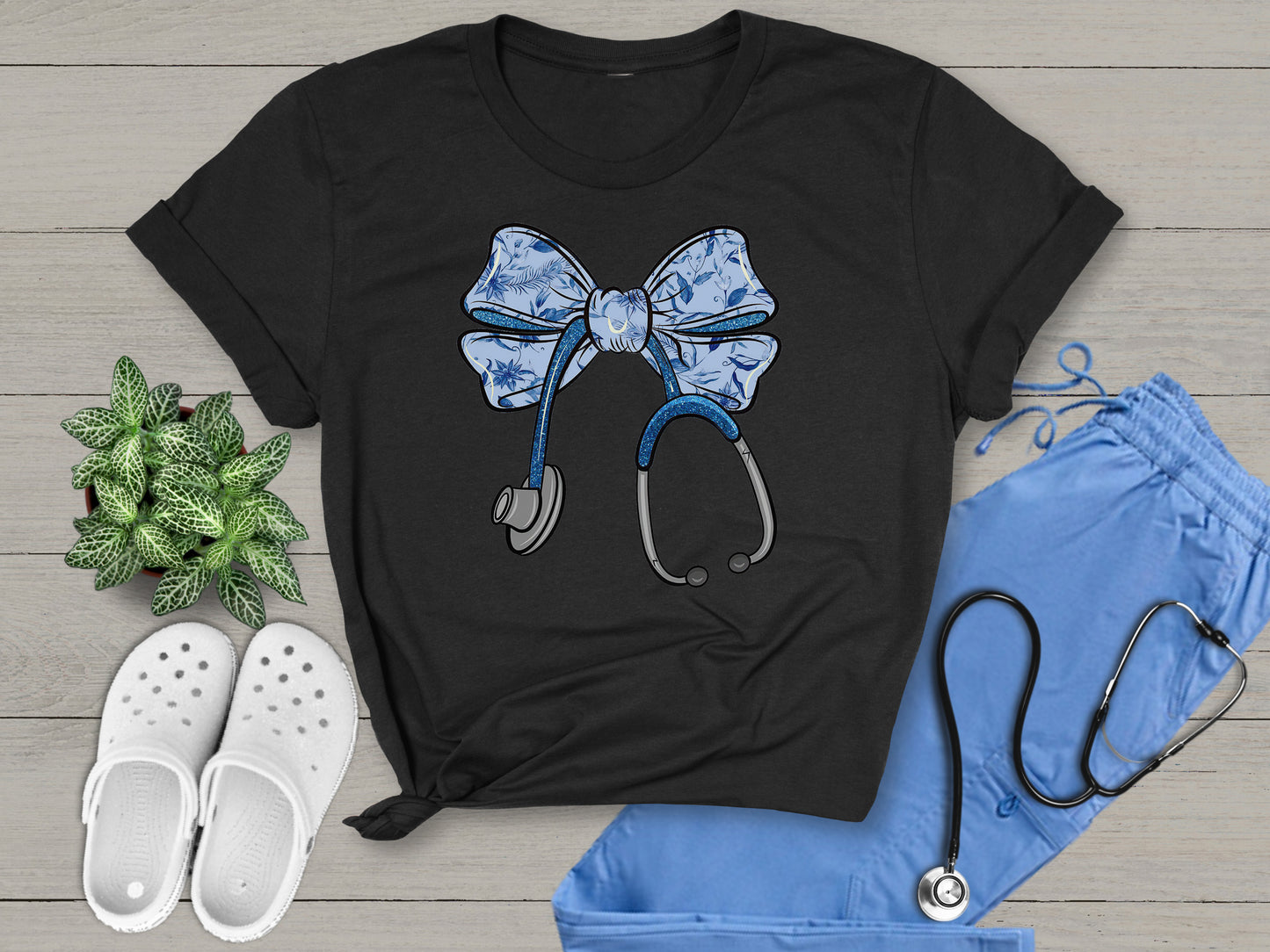 Trendy Nurse Essential Cute Floral Stethoscope Bow Nurse Ribbon T-Shirt