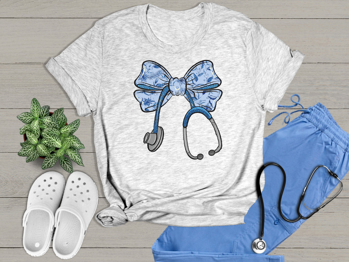 Trendy Nurse Essential Cute Floral Stethoscope Bow Nurse Ribbon T-Shirt