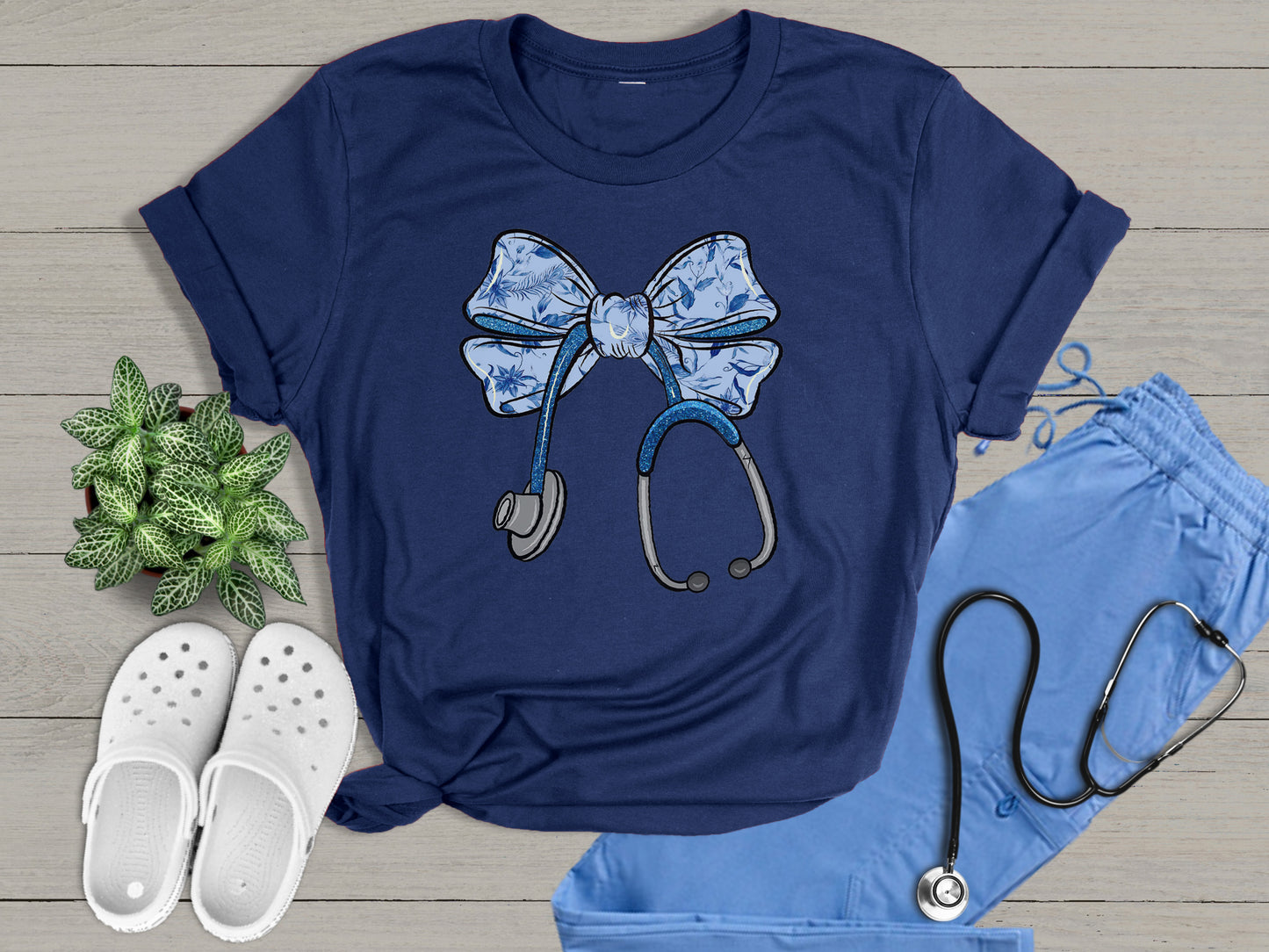 Trendy Nurse Essential Cute Floral Stethoscope Bow Nurse Ribbon T-Shirt