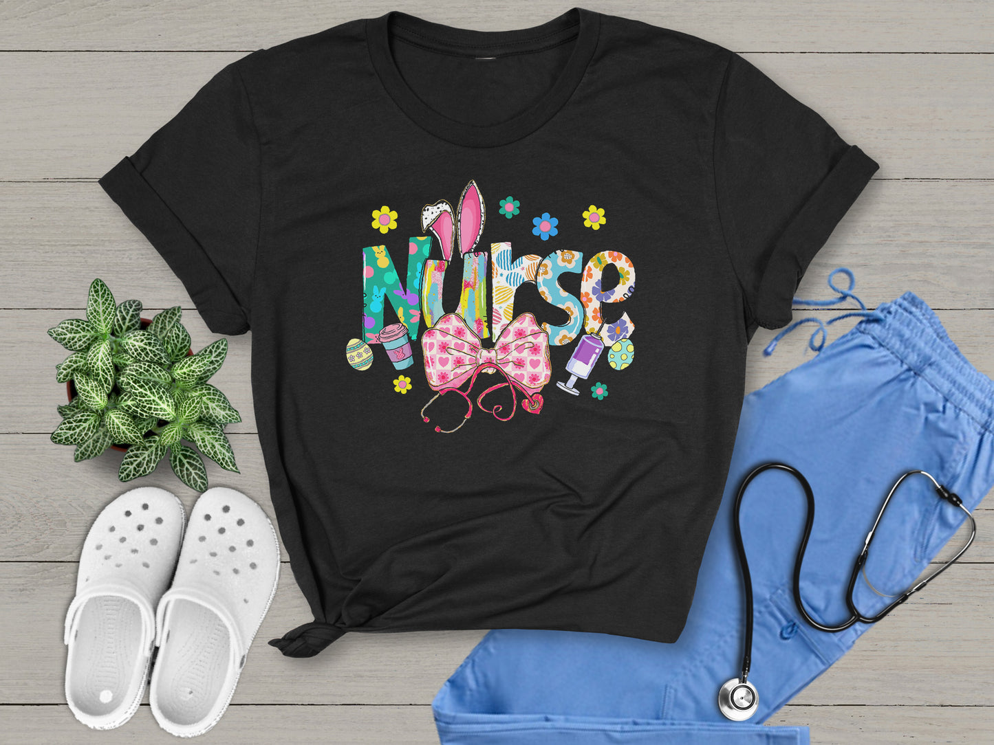 Nurse Bunny Ears & Bow Cute Colorful Graphic Unisex T-Shirt | Trendy Easter Apparel for Medical Professionals