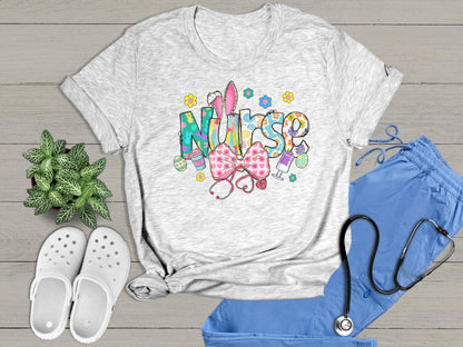 Nurse Bunny Ears & Bow Cute Colorful Graphic Unisex T-Shirt | Trendy Easter Apparel for Medical Professionals