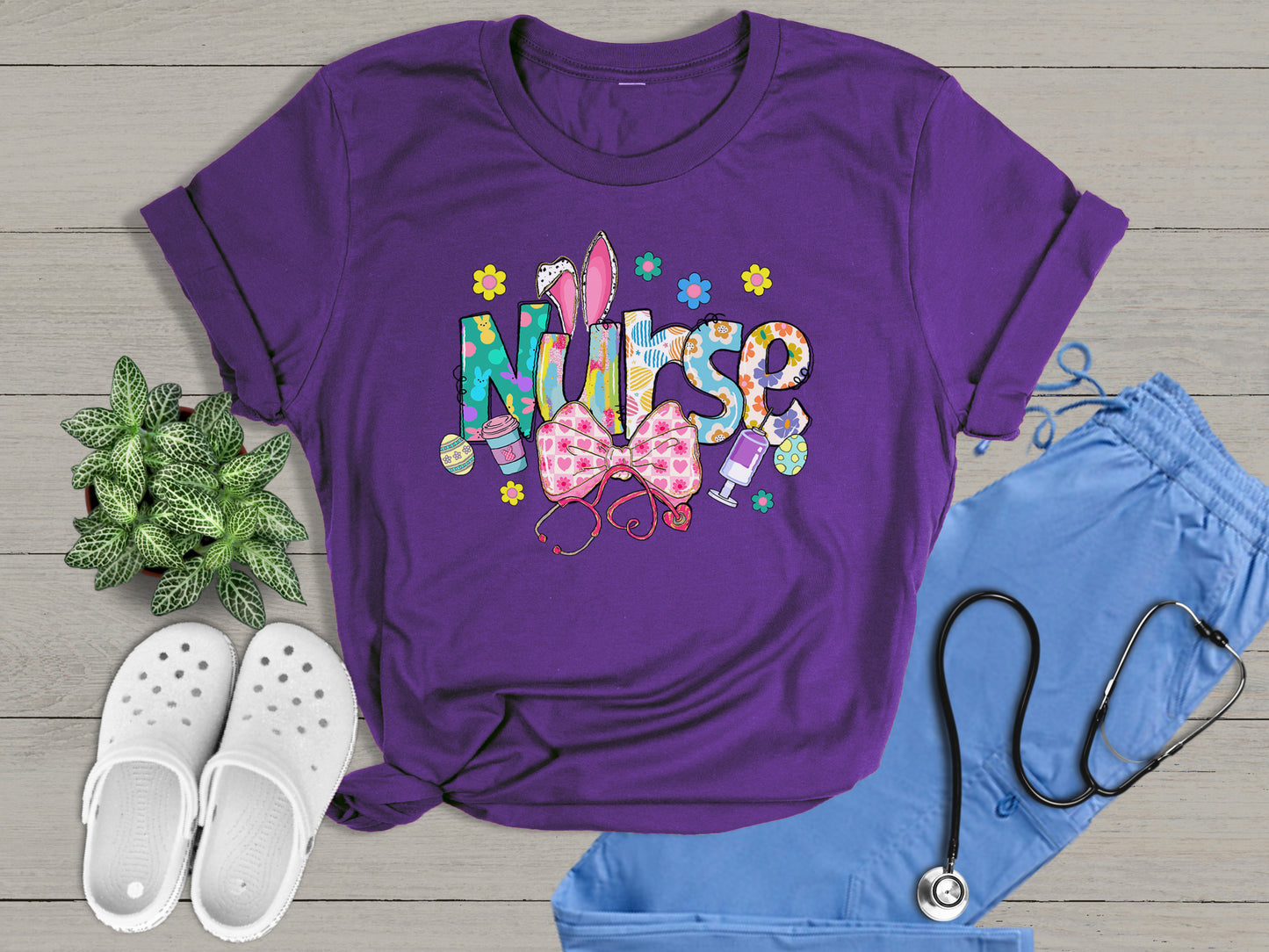 Nurse Bunny Ears & Bow Cute Colorful Graphic Unisex T-Shirt | Trendy Easter Apparel for Medical Professionals