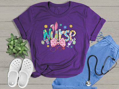 Nurse Bunny Ears & Bow Cute Colorful Graphic Unisex T-Shirt | Trendy Easter Apparel for Medical Professionals