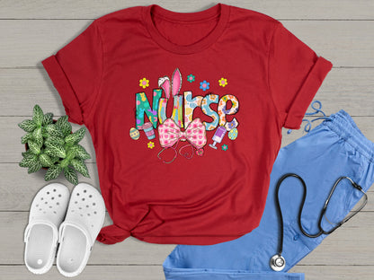 Nurse Bunny Ears & Bow Cute Colorful Graphic Unisex T-Shirt | Trendy Easter Apparel for Medical Professionals