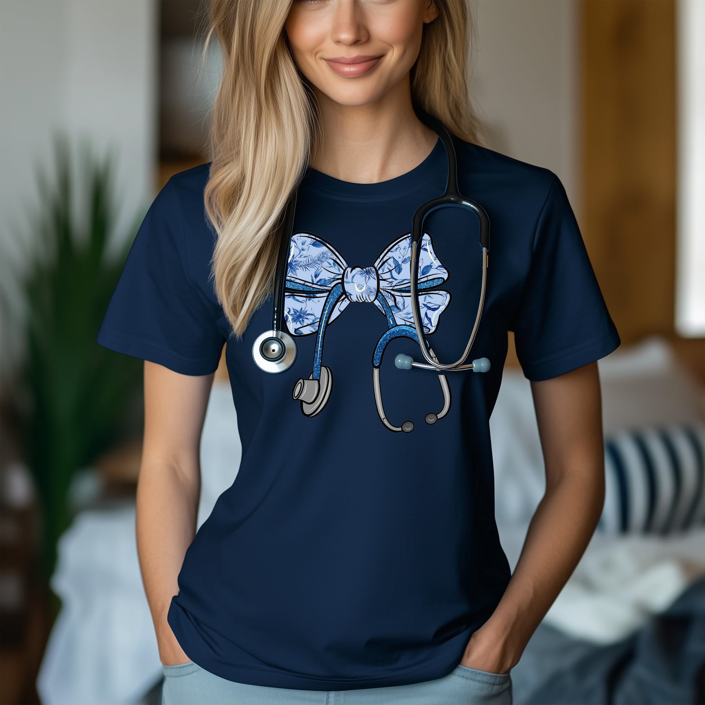 Trendy Nurse Essential Cute Floral Stethoscope Bow Nurse Ribbon T-Shirt