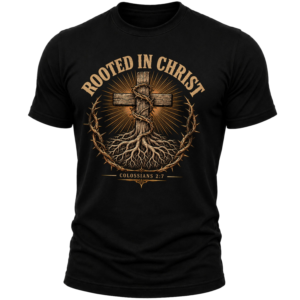Rooted in Christ Christian T-Shirt for Men – Colossians 2:7 Bible Verse Faith Graphic Tee, Religious Gift
