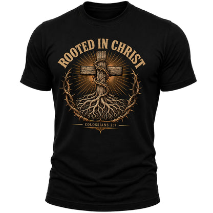 Rooted in Christ Christian T-Shirt for Men – Colossians 2:7 Bible Verse Faith Graphic Tee, Religious Gift
