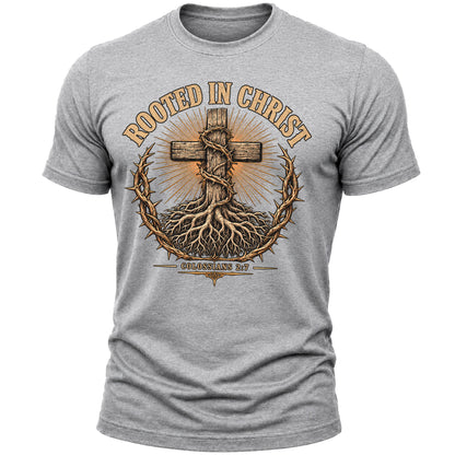 Rooted in Christ Christian T-Shirt for Men – Colossians 2:7 Bible Verse Faith Graphic Tee, Religious Gift