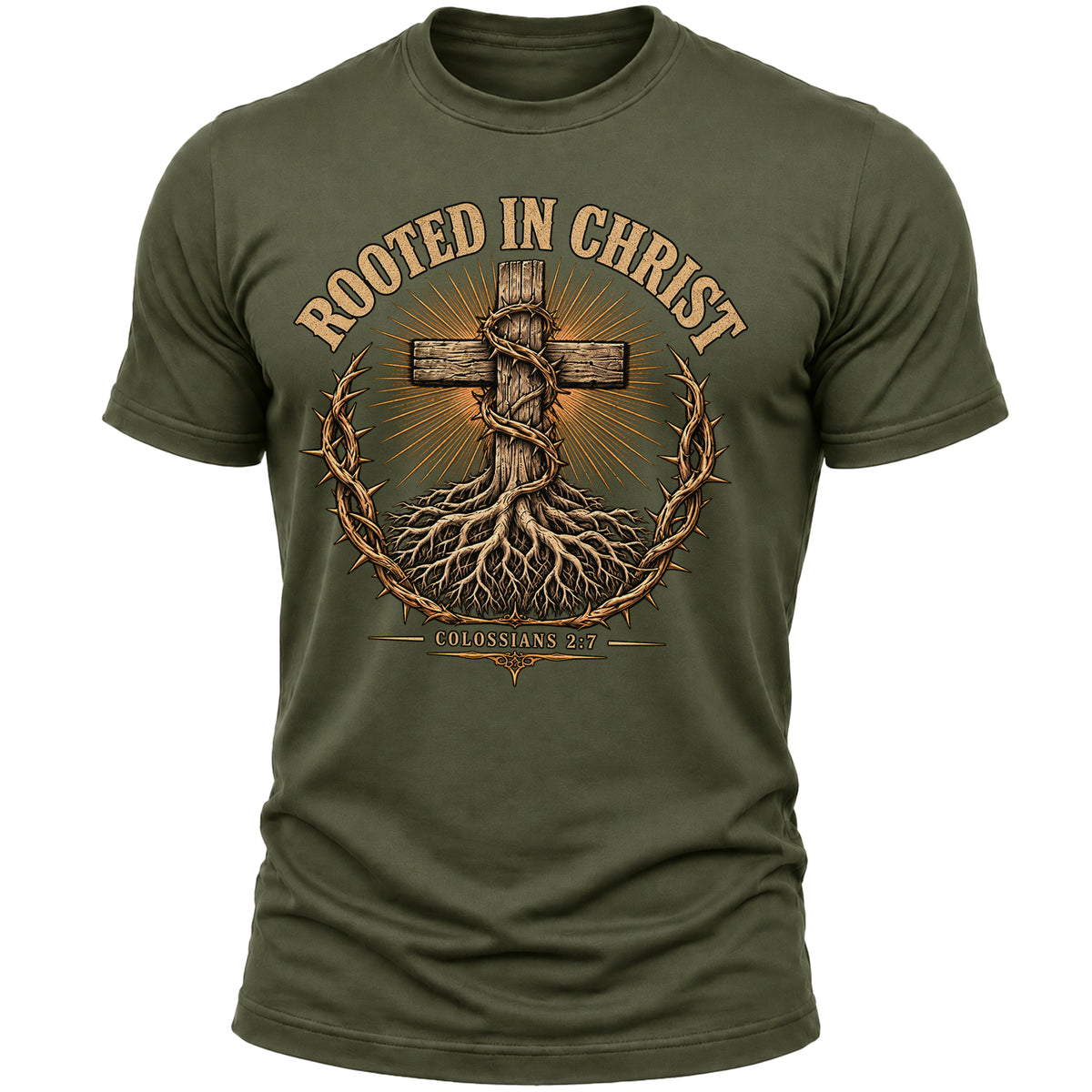 Rooted in Christ Christian T-Shirt for Men – Colossians 2:7 Bible Verse Faith Graphic Tee, Religious Gift