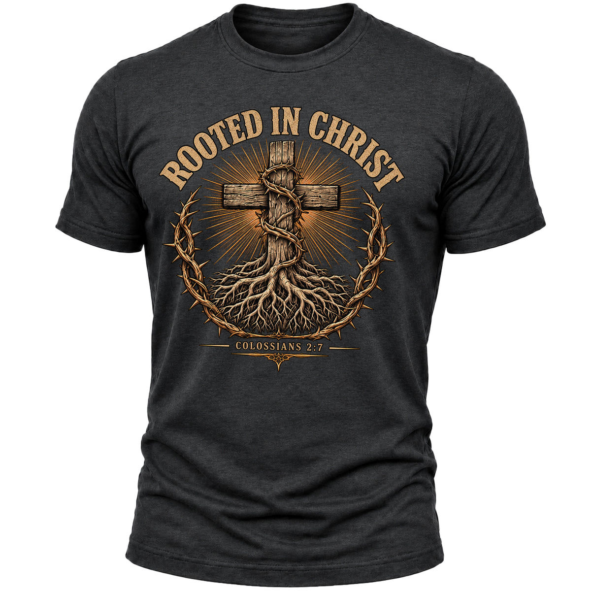 Rooted in Christ Christian T-Shirt for Men – Colossians 2:7 Bible Verse Faith Graphic Tee, Religious Gift