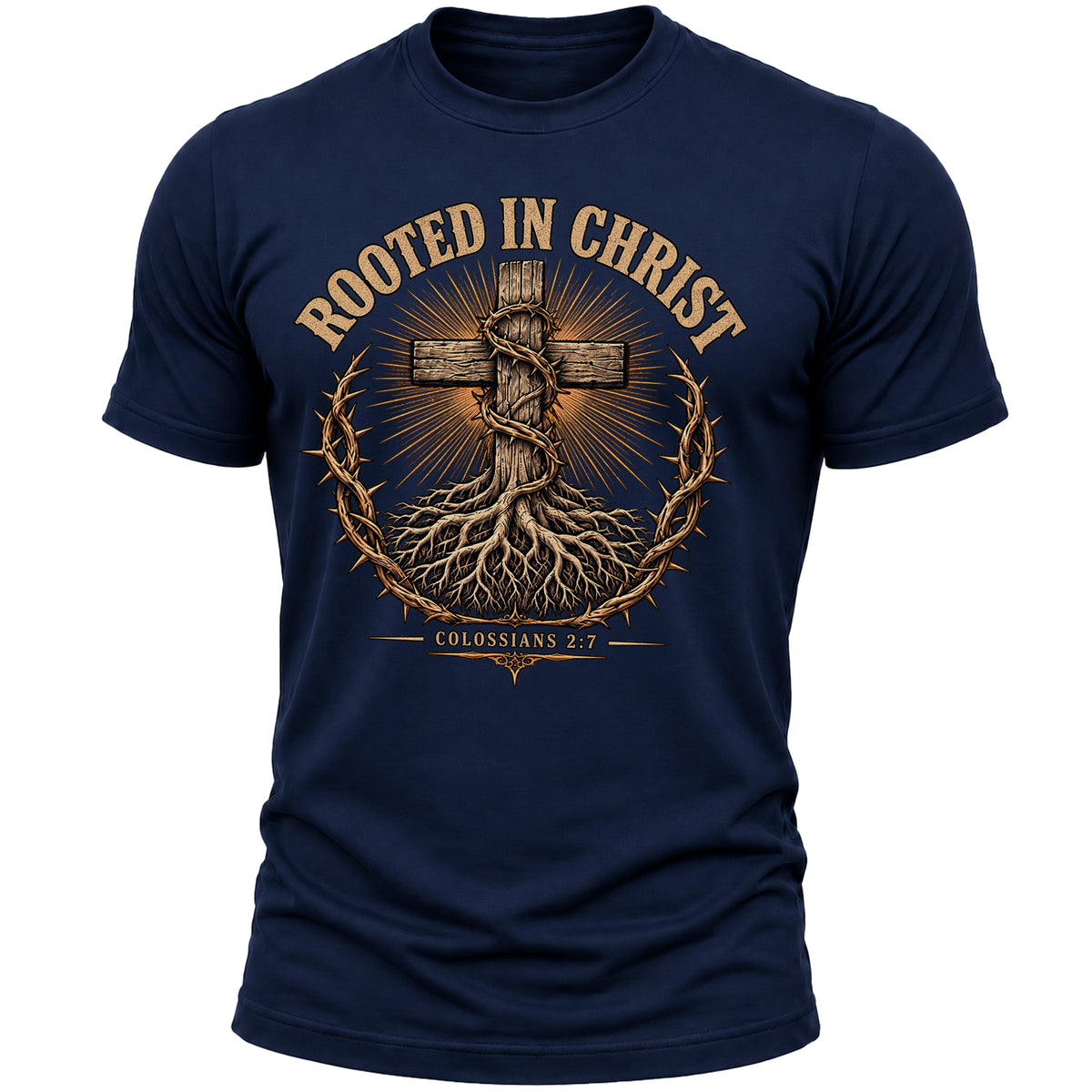 Rooted in Christ Christian T-Shirt for Men – Colossians 2:7 Bible Verse Faith Graphic Tee, Religious Gift