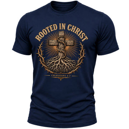 Rooted in Christ Christian T-Shirt for Men – Colossians 2:7 Bible Verse Faith Graphic Tee, Religious Gift