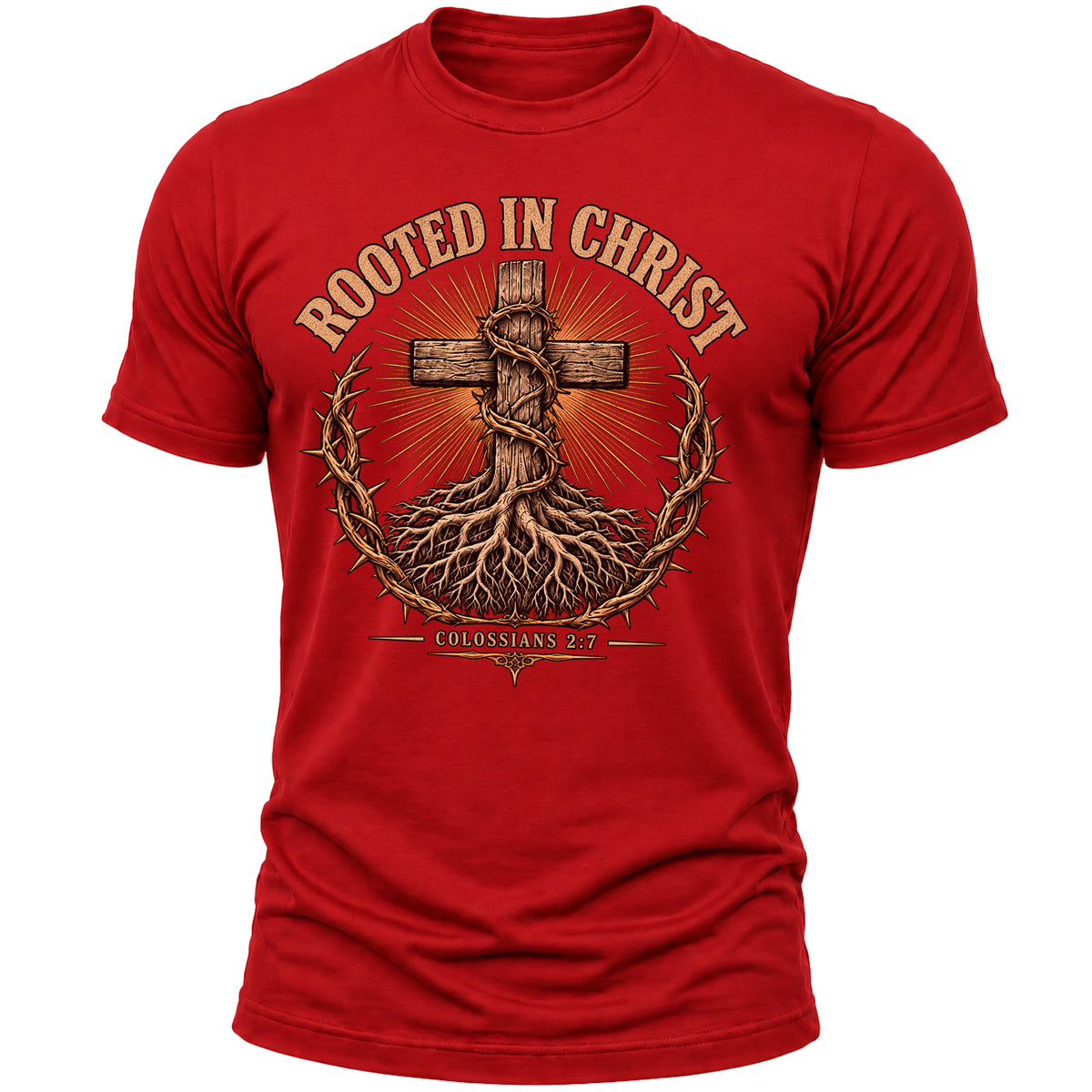 Rooted in Christ Christian T-Shirt for Men – Colossians 2:7 Bible Verse Faith Graphic Tee, Religious Gift