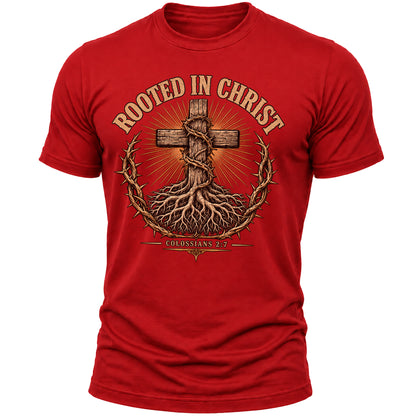 Rooted in Christ Christian T-Shirt for Men – Colossians 2:7 Bible Verse Faith Graphic Tee, Religious Gift