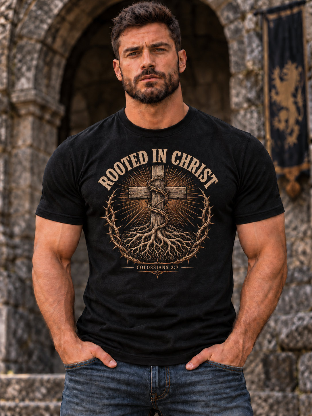 Rooted in Christ Christian T-Shirt for Men – Colossians 2:7 Bible Verse Faith Graphic Tee, Religious Gift