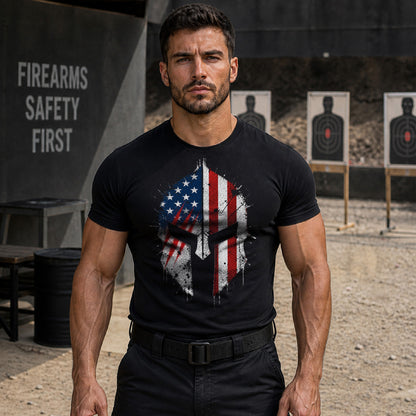 Spartan Helmet T-Shirt American Flag Patriotic Shirt for Men | Warrior Graphic Tee | Gym Fitness Military Style USA Shirt