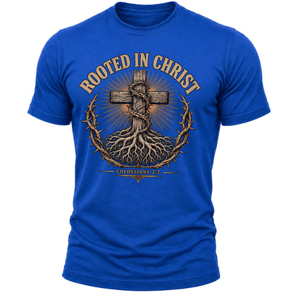 Rooted in Christ Christian T-Shirt for Men – Colossians 2:7 Bible Verse Faith Graphic Tee, Religious Gift