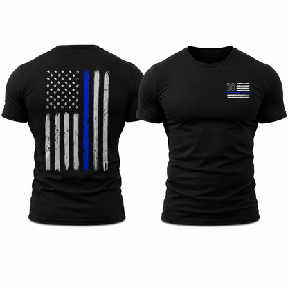 Police Thin Blue Line Flag Men's T-Shirt, Front Chest & Back Graphic